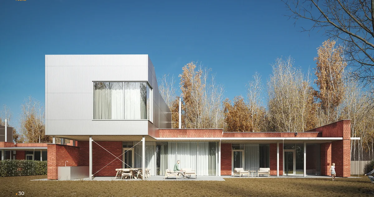 Дом 250 м² кластера А: красный кирпич и светлый металл, колонны, терраса