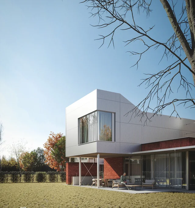 Двухэтажный дом 250 м² из кирпича и металла, кластер А
