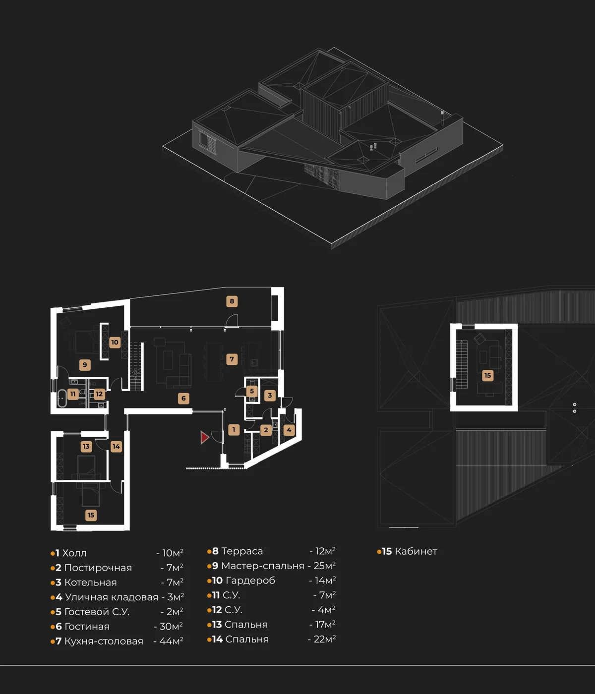 Планировка дома 250 м²: кухня-столовая 44 м², мастер-спальня 25 м², кабинет